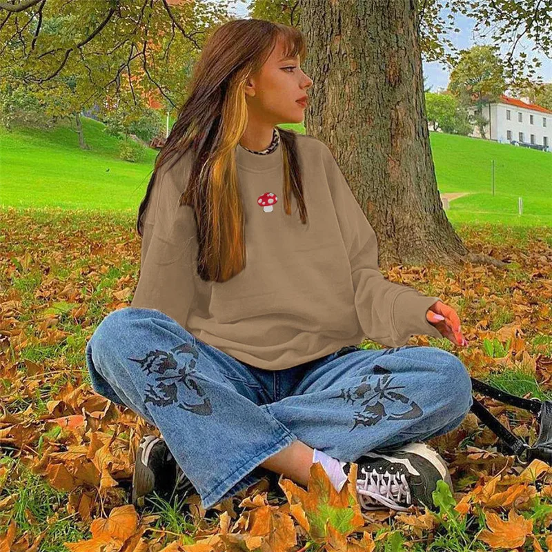 

Yuqung Casual Crew neck Sweatshirt Hoodies Women Spring Embroidery Printed Pullover Long Sleeve Sweat Shirt Streetwear Y2K Brown