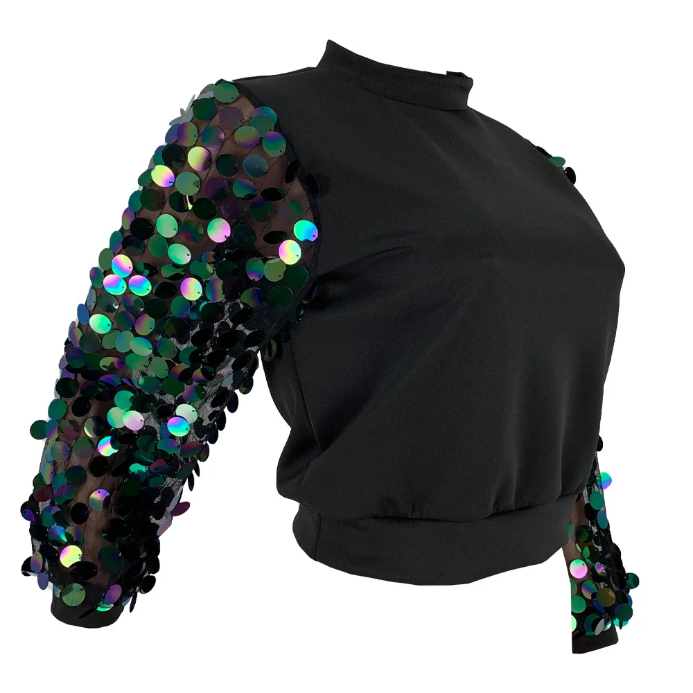 

Fashion Sequin Color Patchwork Sweatshirt Tops Solid Color Long Sleeve O-neck Tops Autumn Women Colthes