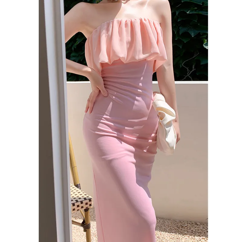 

2021 New High-End Elegant Ruffled Bag Hip Tube Top Dress Summer Slim Ladies Style Long Temperament Holiday Dress