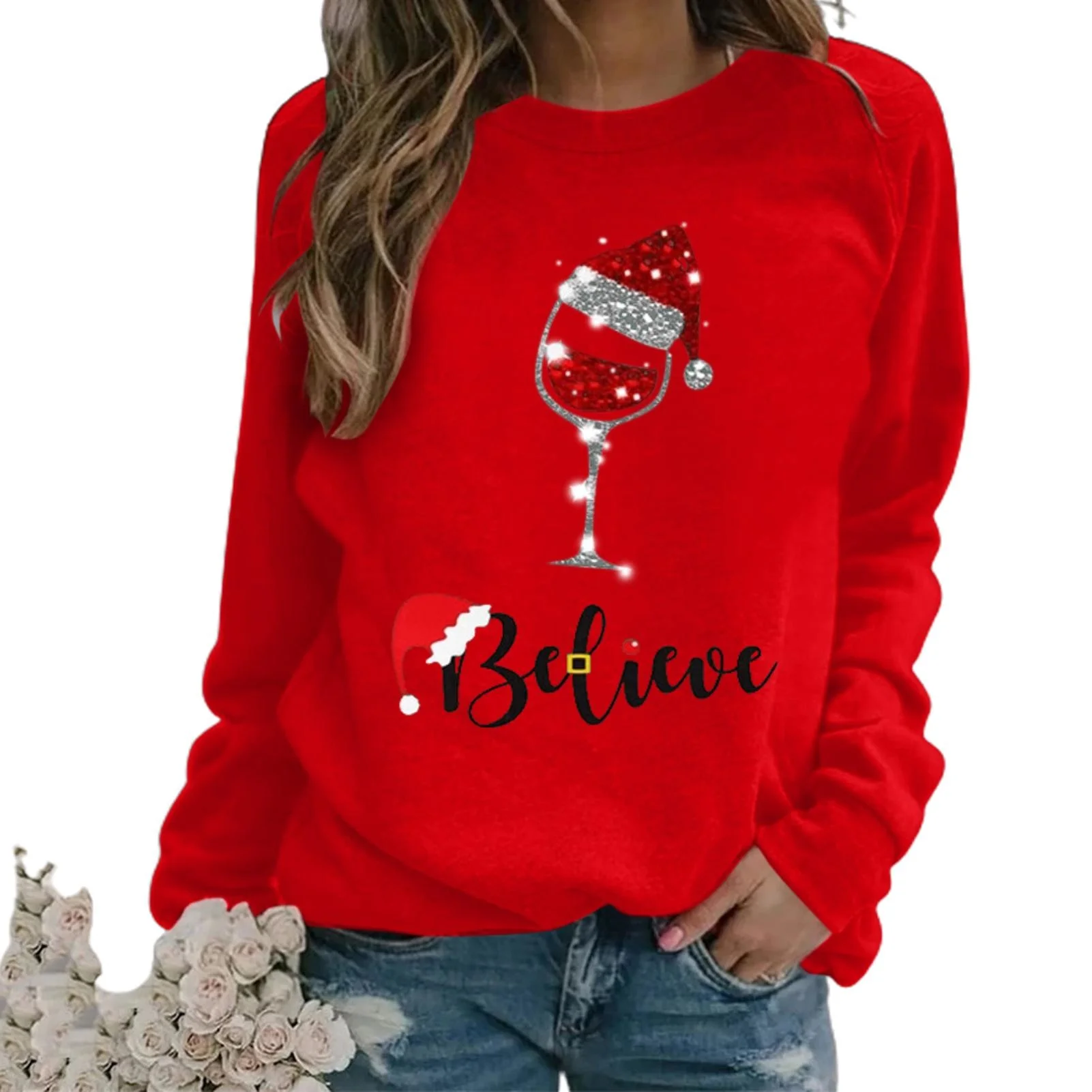 

Loose long sleeve round neck women's sweatshirt, Christmas printed sweater, novel, high quality and low price