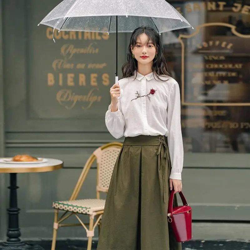 

2021 Spring Autumn Women Blouse Embroidery Floral Button Up White Shirt Long Sleeve Top New Fashion Clothing for Female D34