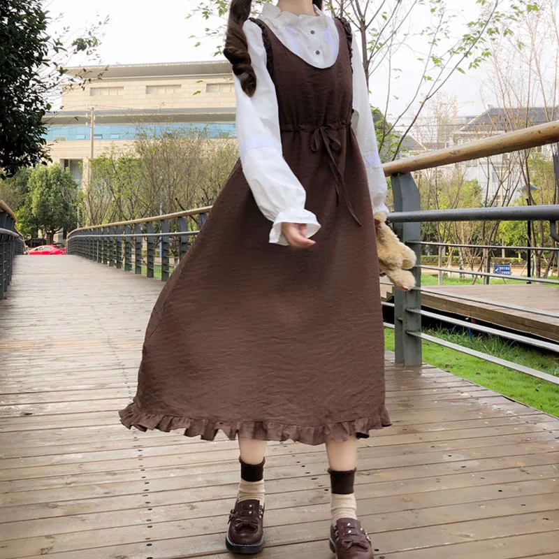 

Japanese Vintage Dress Women Spring 2021 New Solid Color Ruffle Strap Dress Vestidos Long Sleeve Shirt Set Sweet Girl Dresses
