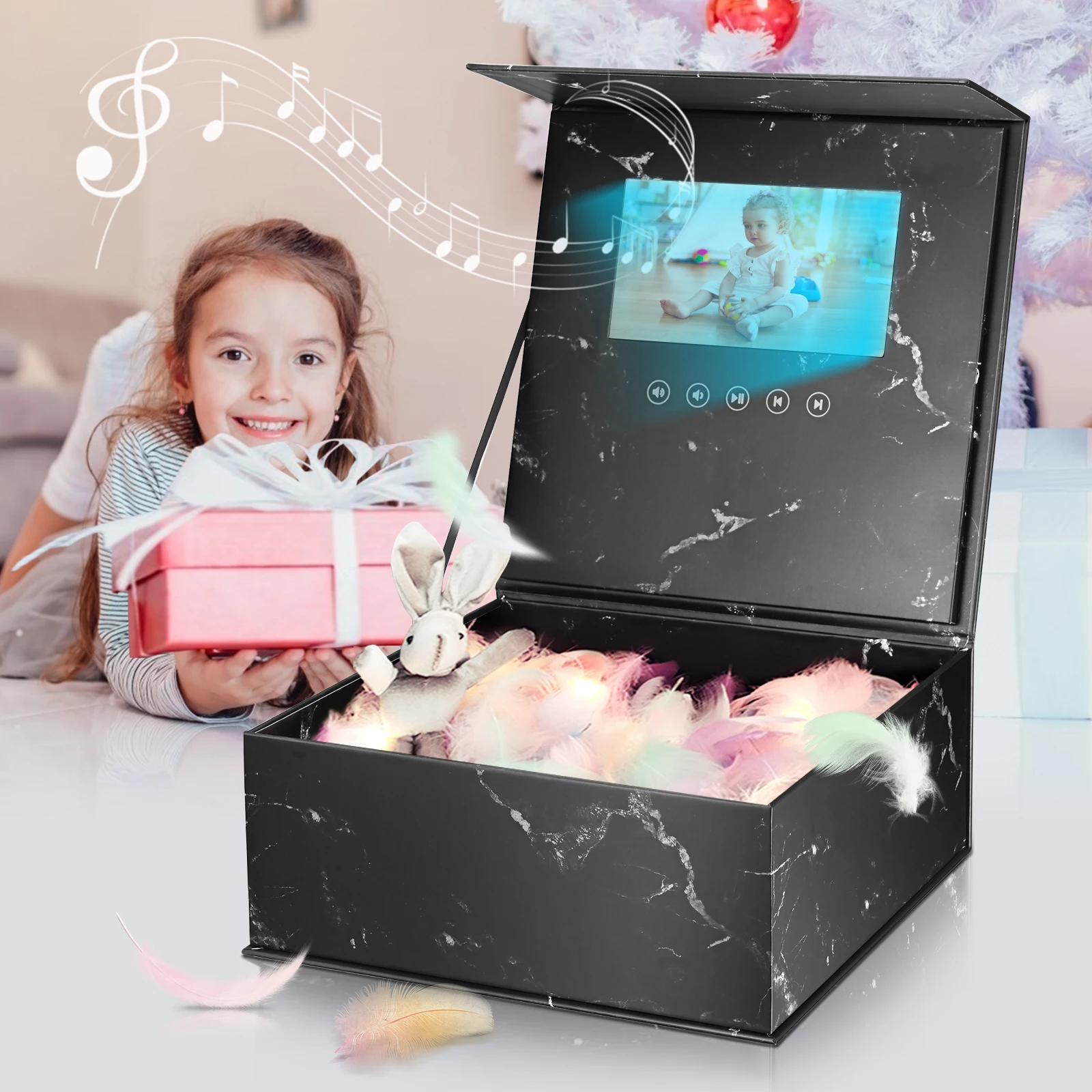 Caja de regalo con pantalla LCD negra/blanca de 7 pulgadas, con v&iacute;deo y mensaje fotogr&aacute;fico para compromiso, boda, Navidad, cumplea&ntilde;os y aniversarios-3
