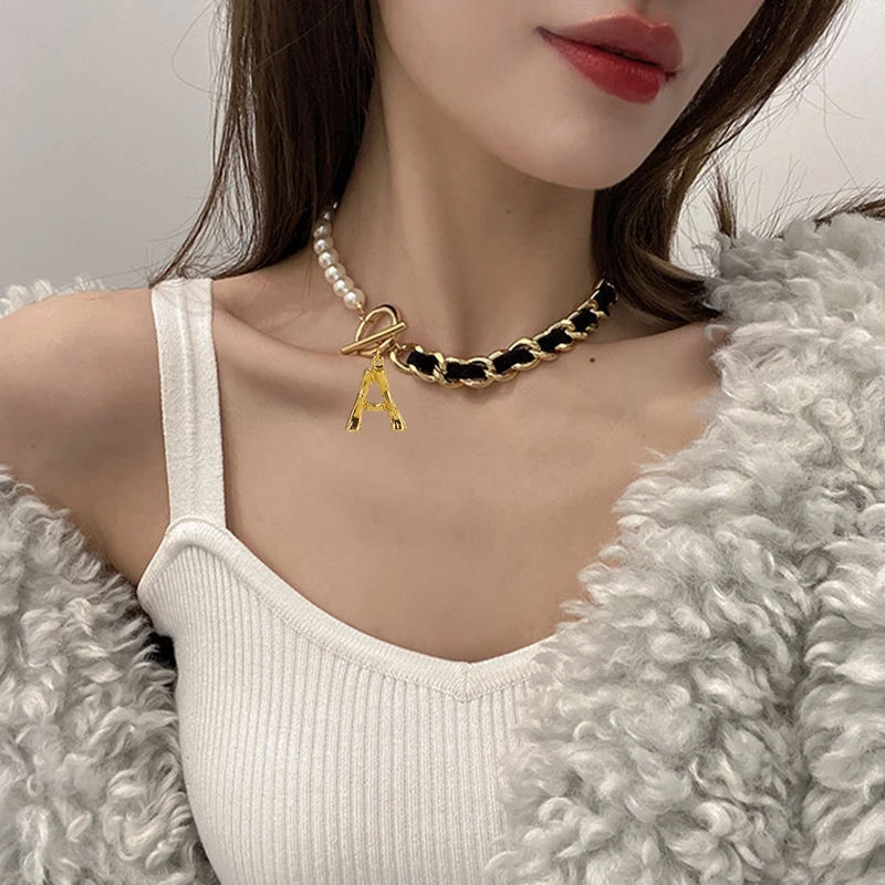 

Pearl Chain Letter Initial Necklace Women Collar PU Leather Lock Lasso Steampunk Thick Toggle Clasp Circle Lariat Choker Jewelry