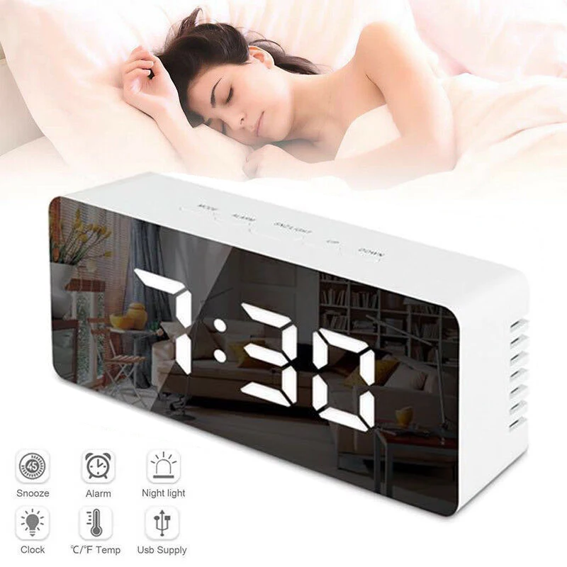 

Digital Mirror Table Clock LED Display Alarm Clock Night Lights Temperature Calendar Snooze Function USB Charger Desk Decoration