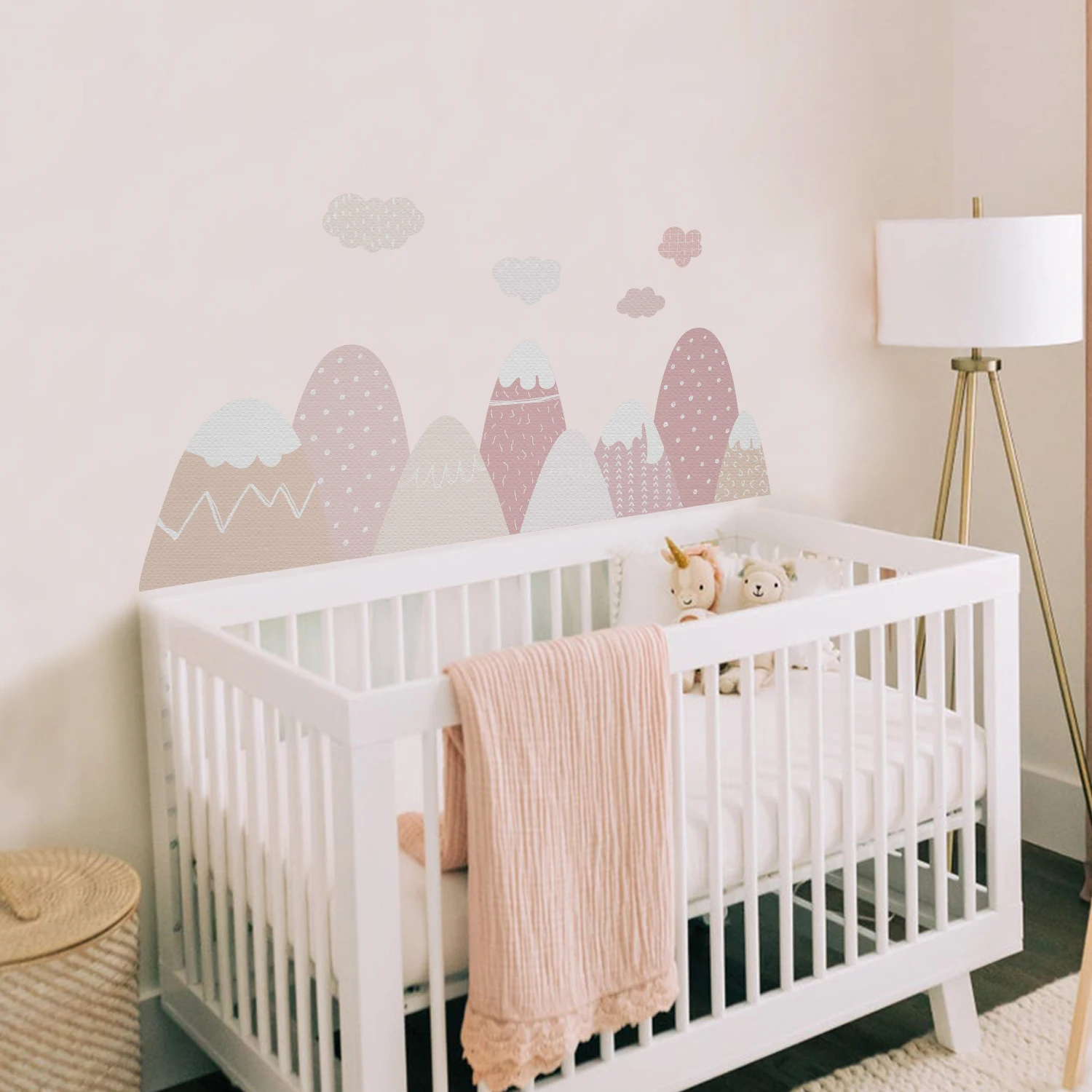 Cartoon Pastel Pink Mountain Nordic Wall Stickers for Kids Room Living Room Nursery Home Decor Self-Adhesive Fabric Wallpaper