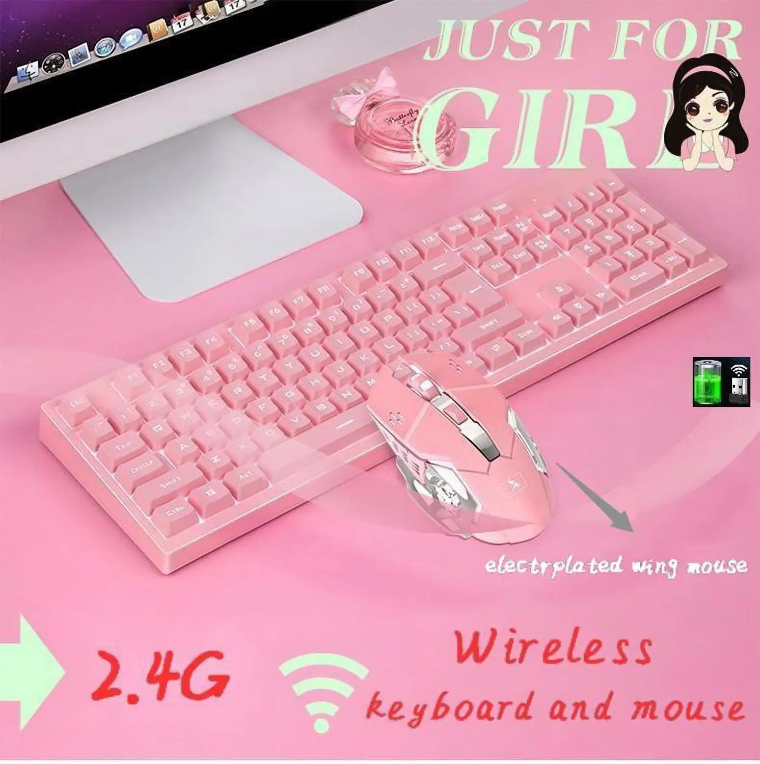 

2400 точек/дюйм для девочек, Водонепроницаемая беспроводная клавиатура и мышь, игровая механическая клавиатура с зарядкой, дыхательная подсв...