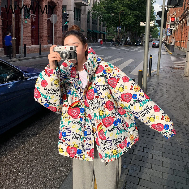 WYWMY Winter Down Jacket Women Print Padded Coat Female Fashion Style Zipper Outerwear Hooded Short Parka Mujer 2021 Oversized