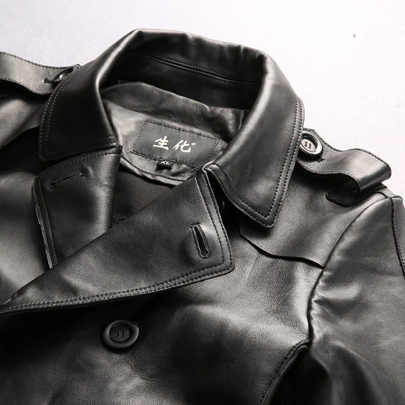 Длинный мужской модный осенний кожаный Тренч из овечьей кожи с широкой талией