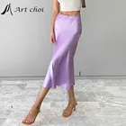 Новая летняя Женская атласная шелковая юбка миди Midiskirt с высокой талией однотонная фиолетовая Модная элегантная офисная юбка с запахом Женская трапециевидная одежда