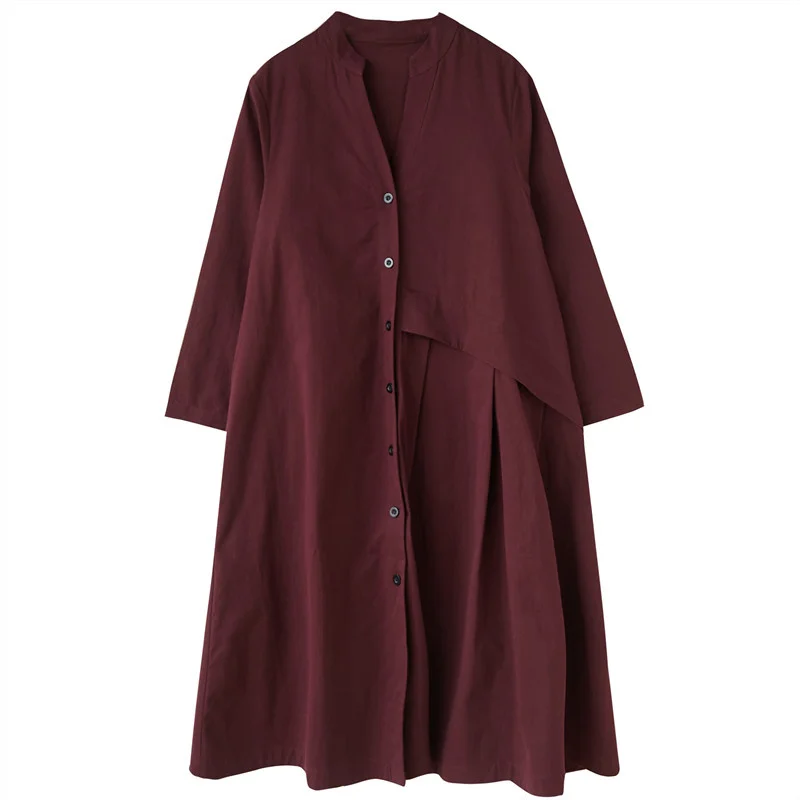 

Artistic Simple Trench Coat Women's plus Size Loose and Thin Temperament Slimming Stand Collar Mid-Length Cotton and Linen Shirt