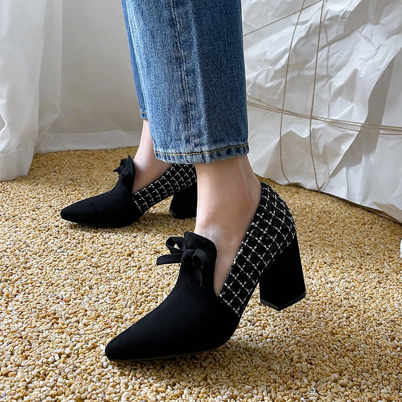 

2021 Women Pumps plus size 22-8cm Ladies Shoes Spring and Autumn Classic Lattice stitching bow comfortable high heels