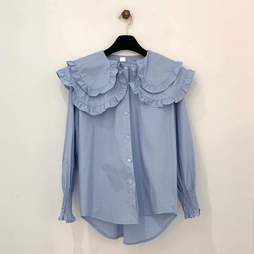 

KUSAHIKI Sweet Double Peter Pan Collar Blouse Tops Korean Causal Puff Sleeve Women Shirt 2021 Spring New Blusas Femme 6E595