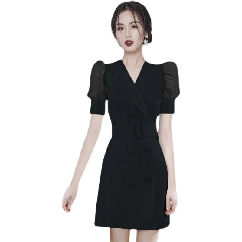 

Black Sexy A line Dress one piece korean ladies Summer Short Sleeve V neck lace cabaret party formal Dresses for women
