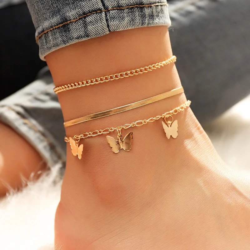 

Simple three-layer chain butterfly pendant anklet set Metal snake chain three-piece anklet