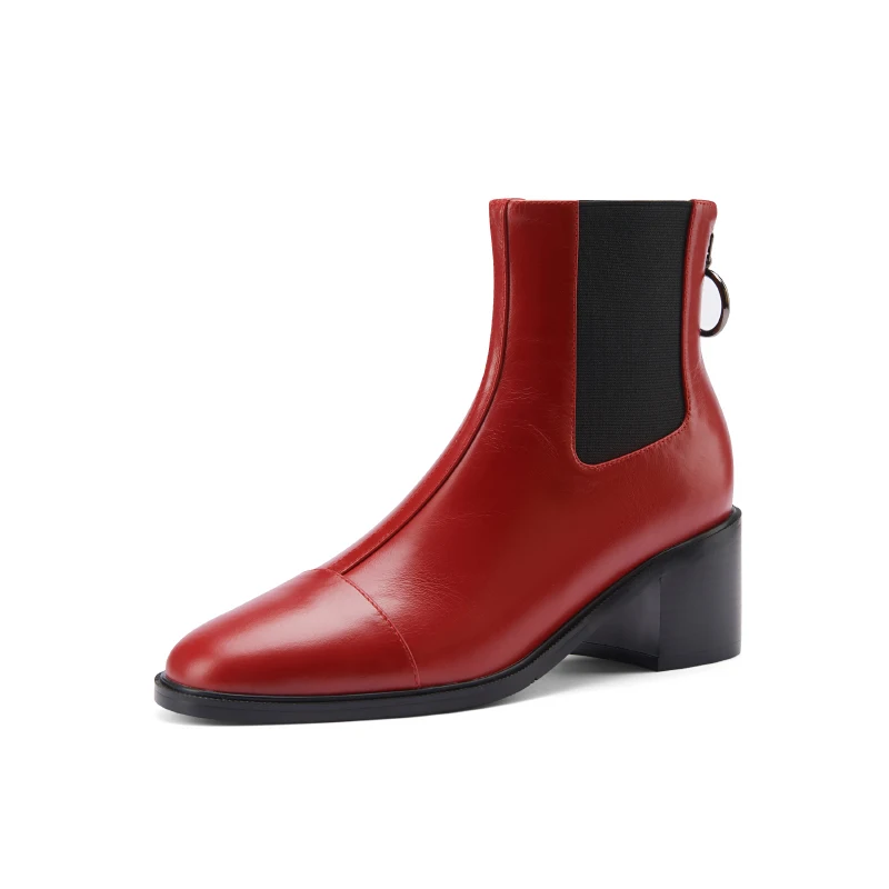 

British Retro Red Thick Heel Short Boots Women Leather Metal Buckle Ankle Boots Color Matching All-match Elastic Chelsea Boots