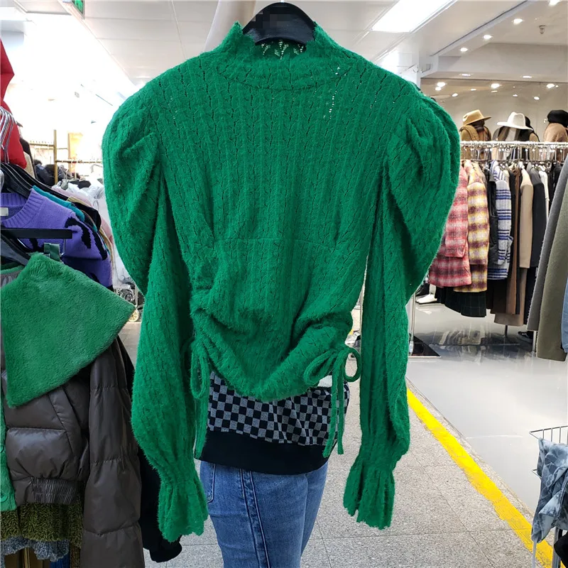 

VANOVICH 2022 Autumn Winter New Korean Solid Shirring Half High Collar Irregular Puff Sleeve Fashion Casual Knitting Top Tshirt