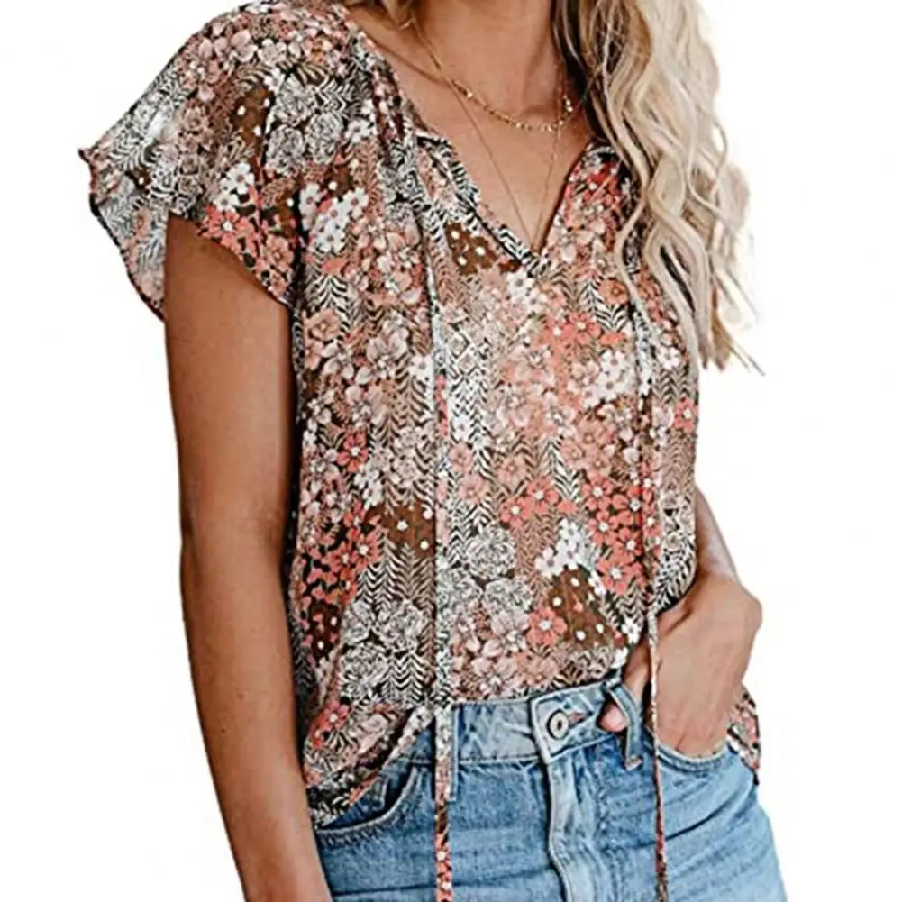 

Oversized women's blouse Large size floral print T-shirt Loose V-neck ruffled short-sleeved casual T-shirt Summer new streetw po