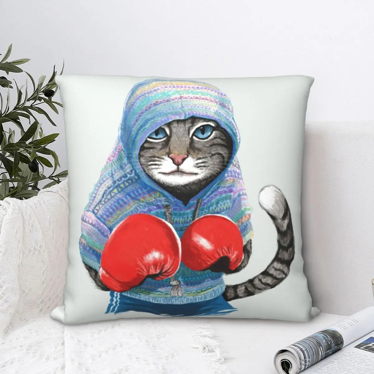 Квадратный чехол для подушки с изображением боксерской кошки, Забавный домашний декоративный чехол из полиэстера для диванной подушки, про...