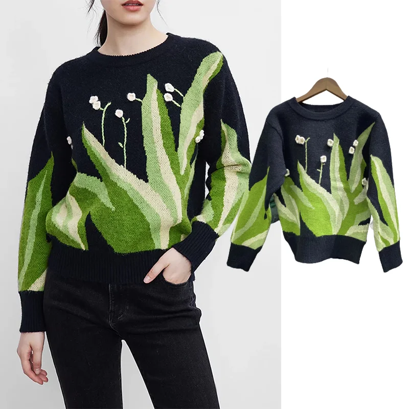 

Za 2021 Autumn Winter Women Grass flower embroidery Knitted Sweater Pullovers O-neck Thick Tops Female Casual Long Sleeve Jumper