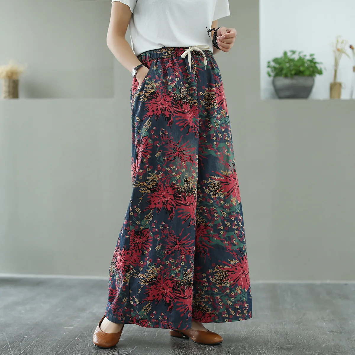 

Printed jeans women's 2021 spring and summer new retro art loose wide-leg pants thin nine-point pants women's pants