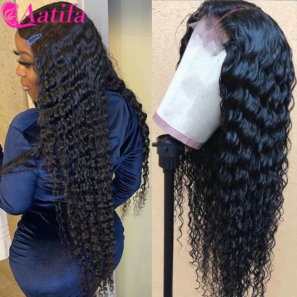 AAtifa Peruvian Deep Wave Wig 4x4 Lace Closure Wig 100% Remy Human Hair Lace Wigs For Black Women T Part Transparent Lace Wig