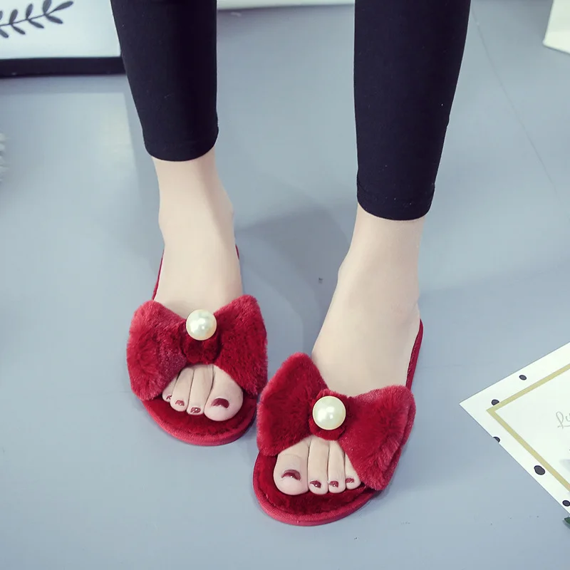 Лиам Симпатичные плюшевые тапочки женские искусственный мех жемчуг мягкая