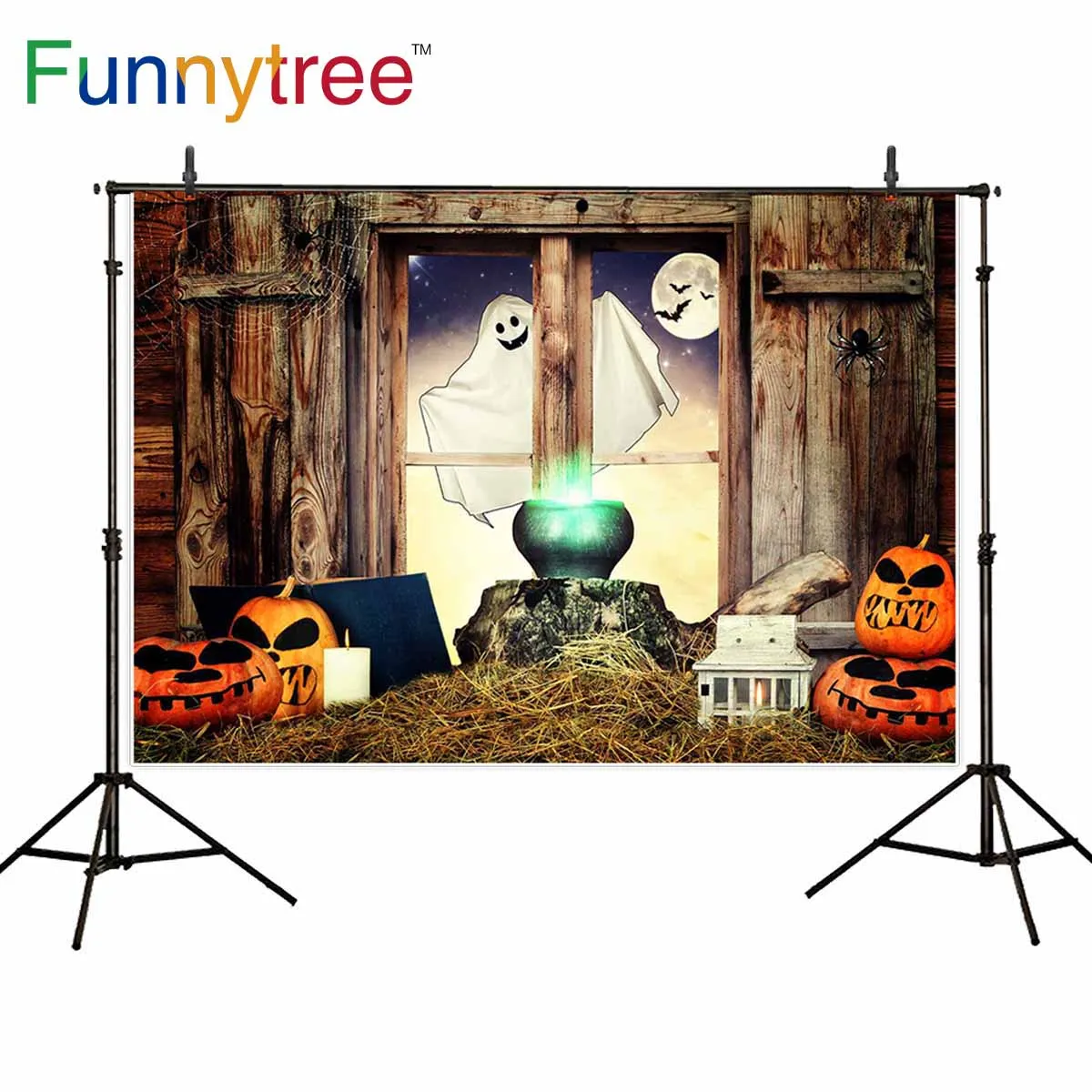 

Funnytree photographic background Horror halloween fall ghost moon magic Wooden wall backdrops photo shoot photocall photophone
