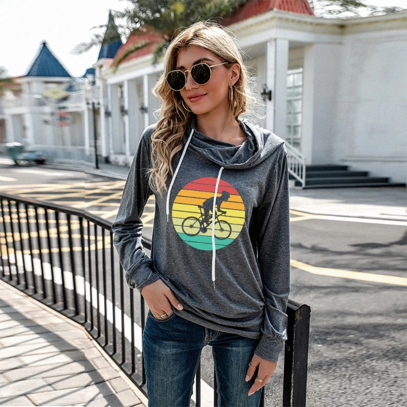 

Women Autumn Long Sleeve Drawstring Hoodies Rainbow Striped Bicycle Graphic Print Sweatshirt Lightweight Loose Pullover Tunic To