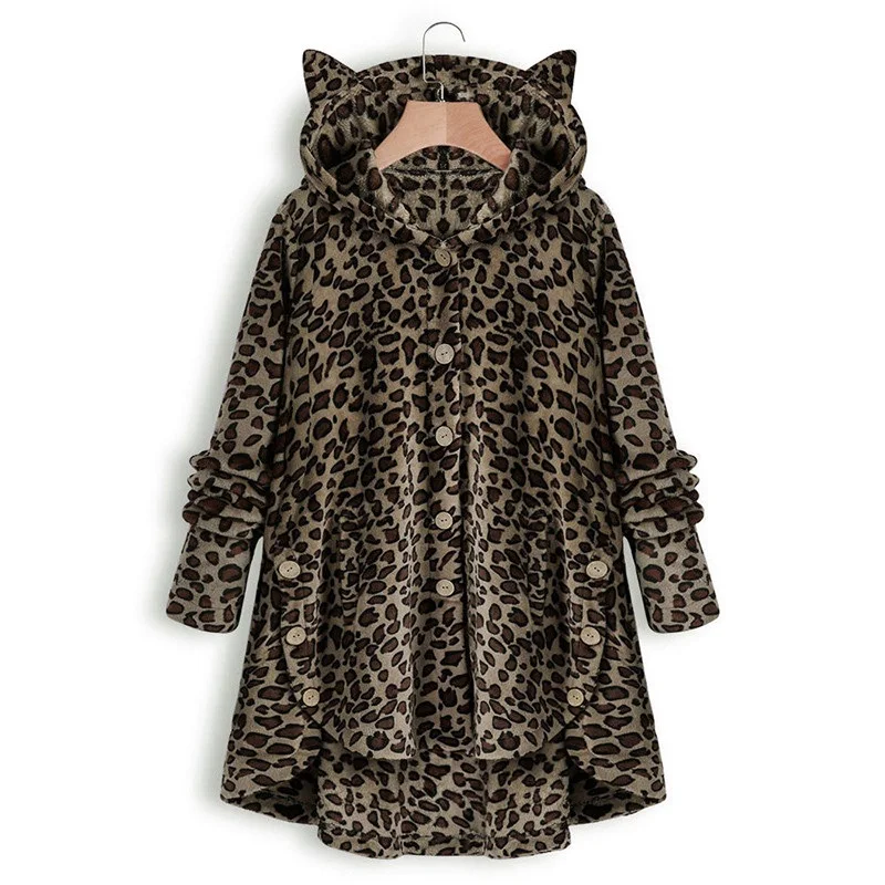 Cute Plush Coat Winter Harajuku Irregular Hem Fleece Warm Woman Teddy Kawaii Cats Ears Hooded Women Fluffy Jackets | Женская одежда