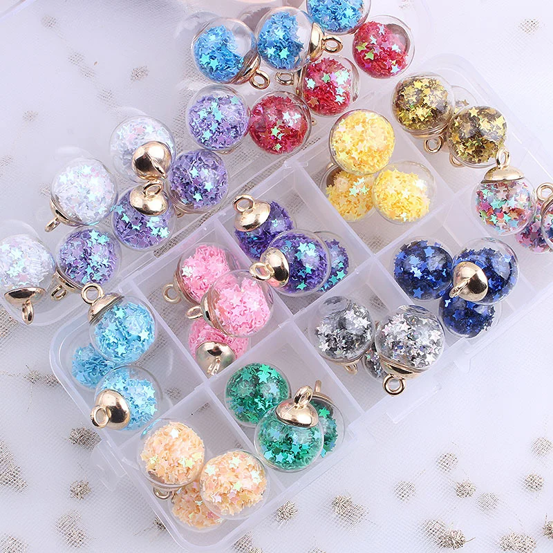 

18pcs Candy Color Transparent Star Sequins Glass Ball Quicksand Charm Pendant for Bracelet Necklace Earring Jewelry Making DIY