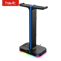 havit rgb gaming headphone stand dual headset hanger with phone holder 2 usb charger for desktop pc game earphone accessories