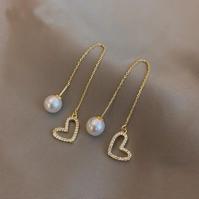 

2021 New Classic Pearl Pendant Peach Heart Love Modeling Ear Line Fashion Korean Jewelry For Woman Party Girls Dangle Earrings