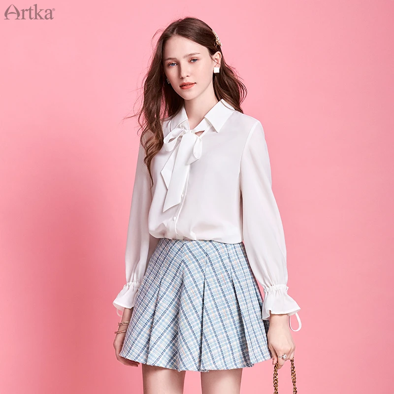 

Женская плиссированная юбка ARTKA, винтажная шерстяная трапециевидная юбка в клетку с высокой талией, весна-лето 2020