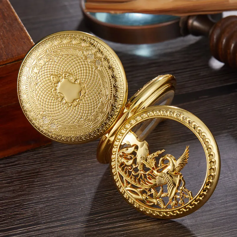 Vintage Mechanical Pocket Watch Hollow Phoenix Bird Roman Skeleton Clock Hand Winding Men Fob Chain Watches Double Case Clock