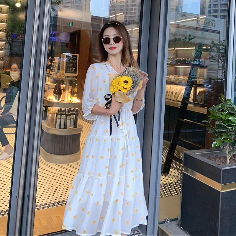 

Summer chiffon dress for pregnant women daisy fresh and sweet age-reducing mid-length fashion maternity dress new printed dress