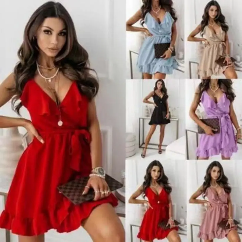 

2021 Bohemian women's slim shoulder skirt summer sweet pleated Ruffle ballet skirt mini dress A-line women's sleeveless off shou