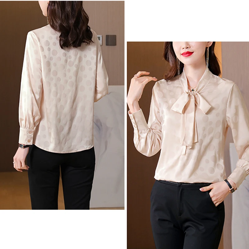 Блузка Женская атласная в горошек с бантом цвета шампанского