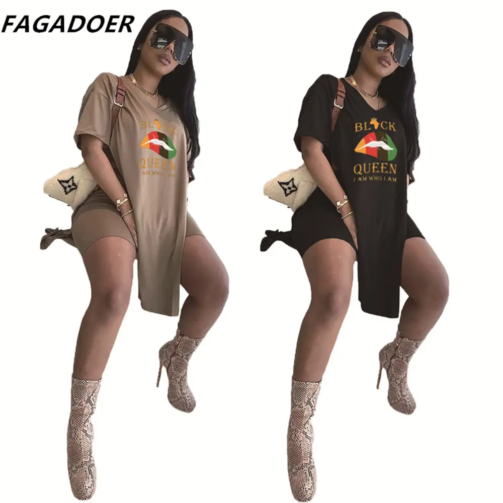 

FAGADOER Summer 2021 New Women Sets Casual Letter Print Side Slit Long Tshirt+Shorts Outfits Fashion Streetwear 2pcs Tracksuits