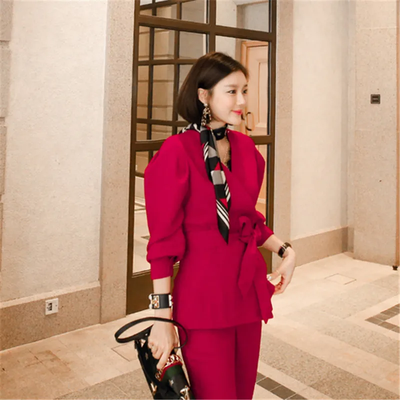 Fashion New Arrival Elegant Loose Red Sexy Jacket Long Pant 2 Pieces Set High Quality Work Style Autumn Office Women | Женская одежда