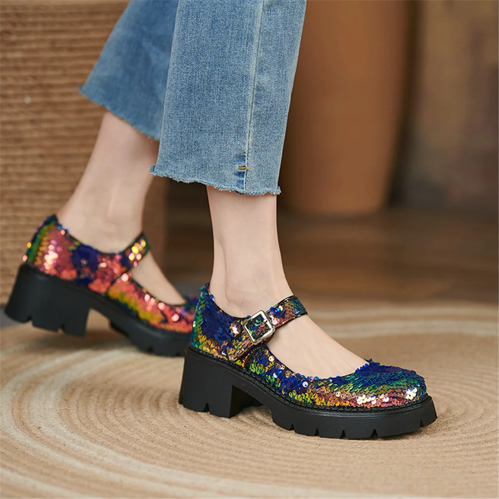 

2021 Brand New Sequined Bling Chunky Heels Great Quality Platform Comfy Walking Mary Janes Pumps Shoes Woman