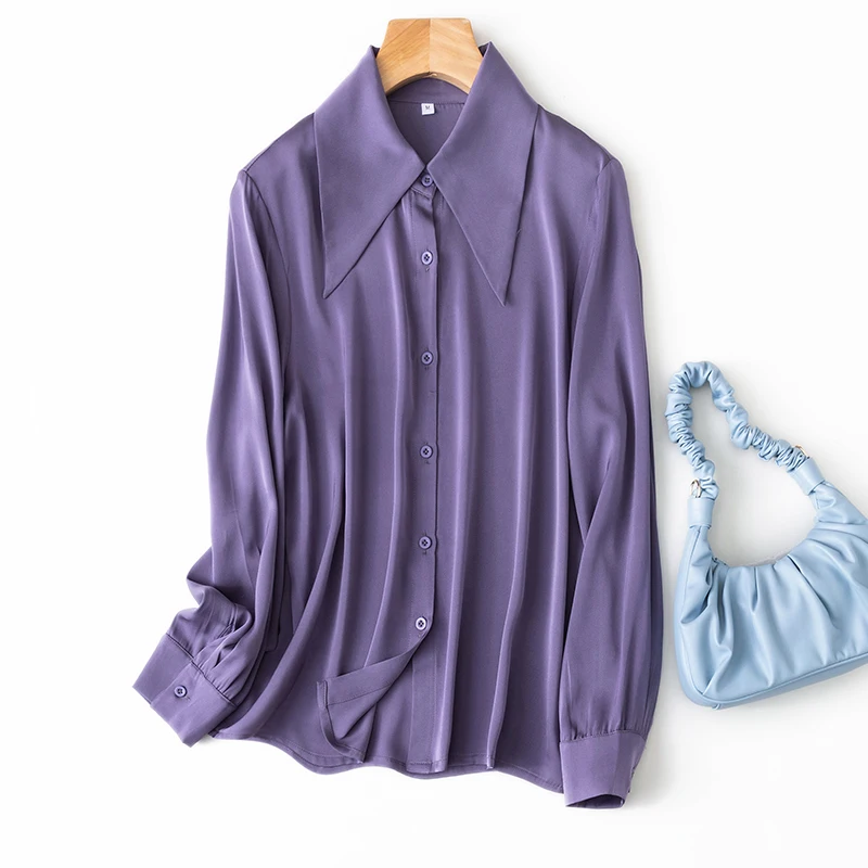 

Women 92% Mulberry Silk 8% Spandex 19 momme Crepe Silk Purple color Buttons down long sleeve shirt Top Blouse office work MM167