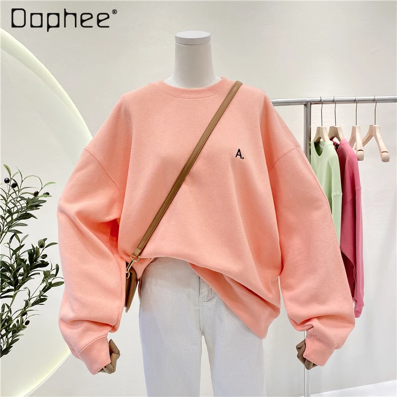 

2021 New Spring Autumn Letter Embroidery Candy Color Loose and Lazy Style Crew Neck Pullover Sweatshirt Women Solid Color Top