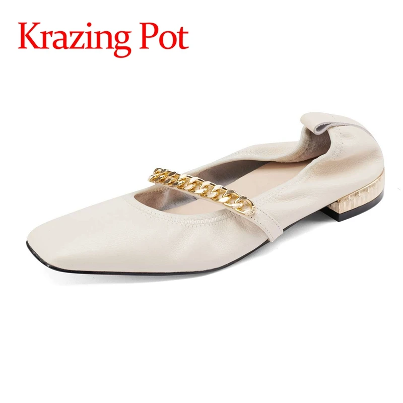 

lenkisen new genuine leather square toe low heels vintage simple style chains glove shoes daily wear slip on women pumps L70