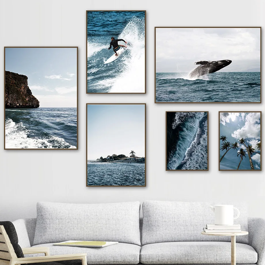 

Whale Surfing Palm Tree Waves Wall Art Canvas Painting Nordic Posters And Prints Landscape Wall Pictures For Living Room Decor
