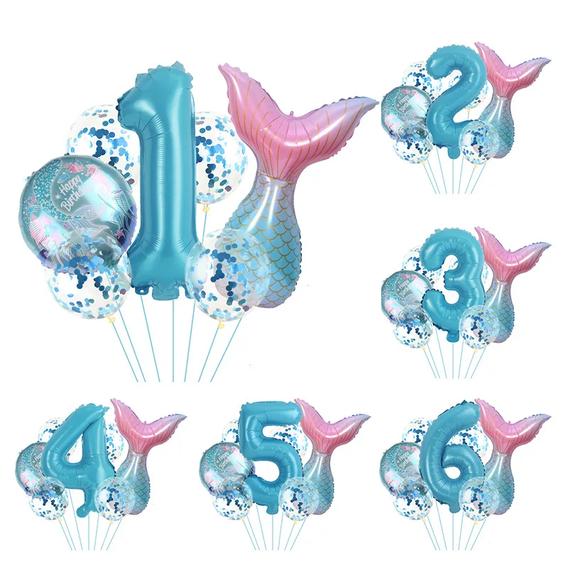 

7Pcs Mermaid Party Balloons 32inch Number Foil Balloon Kids Birthday Party Decoration Supplies Baby Shower Decor Helium Globos