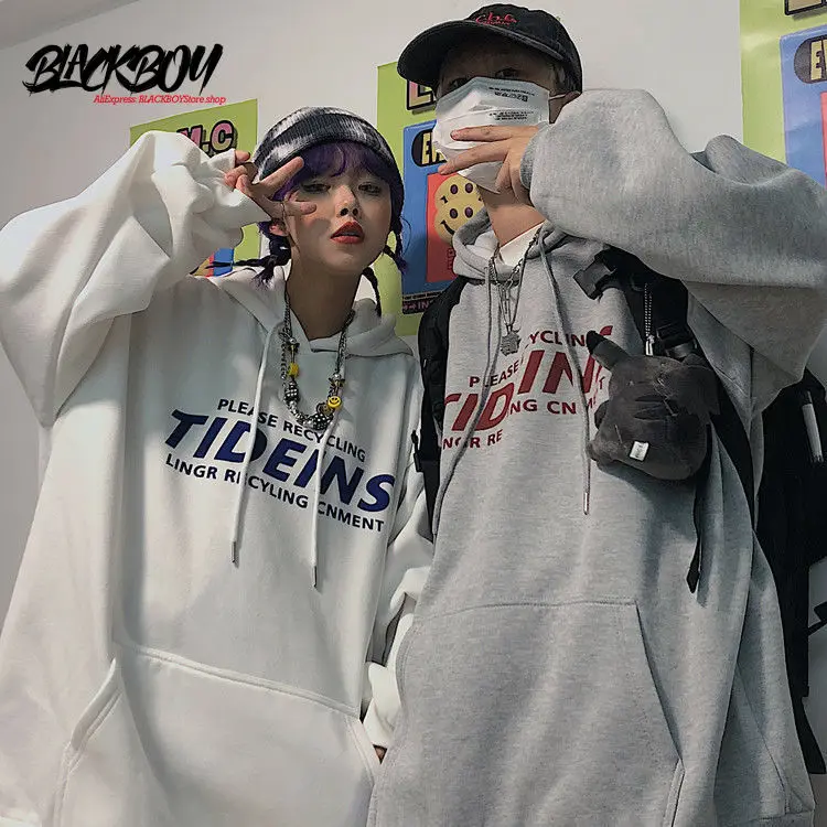 

BLACKBOY Autumn and Winter New Korea Ins Students Wild Letters Plus Large Size Loose Plus Velvet Padded Hooded Sweater Men