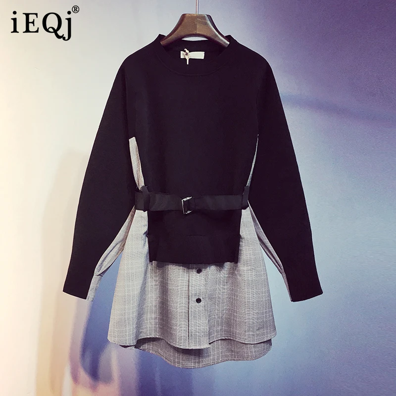 

IEQJ Black casual Loose Korean Version Fake Two Belt Spliced Sweatshirt Mid-length Pullover Top New Women Fashion Autumn 2021