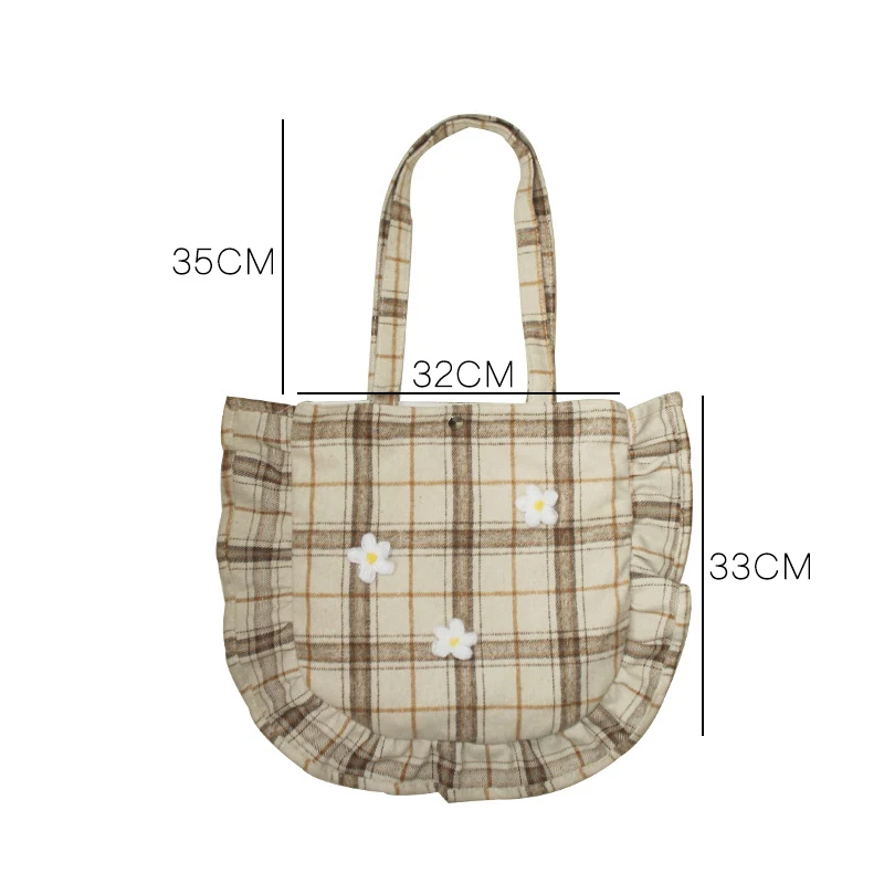 Youda Original Simple Plaid Design Tote Woolen Fabric Pleated Edge Literary Ladies Shoulder Bag Female Student Shopping Handbag