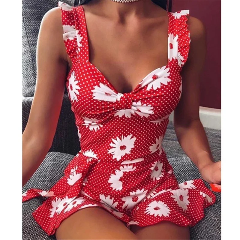 Летнее женское платье с v-образным вырезом и цветочным принтом оборками